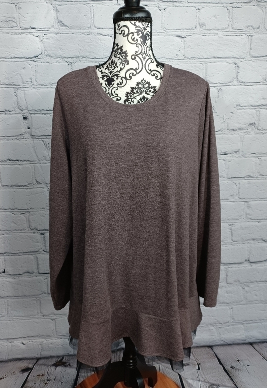 Logo women's long sleeve stretch knit mesh trim tiered plus size 2x top b8